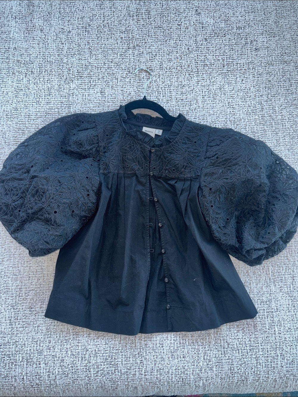 Maeve Black Puff-Sleeve Eyelet Button-Front Blouse